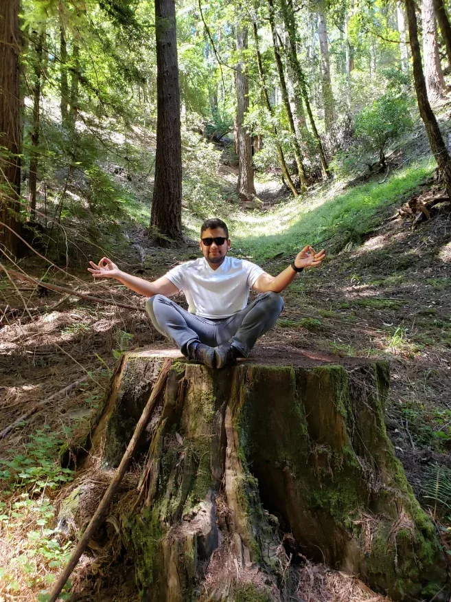 Eduardo Gutierrez seated on a large tree stump in a sunlit redwood forest, arms outstretched